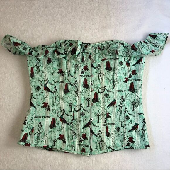Corset Story Tops - Corset Story Top UK 18 US 14 Novelty Rockabilly Turquoise Ruffle Bird Butterfly